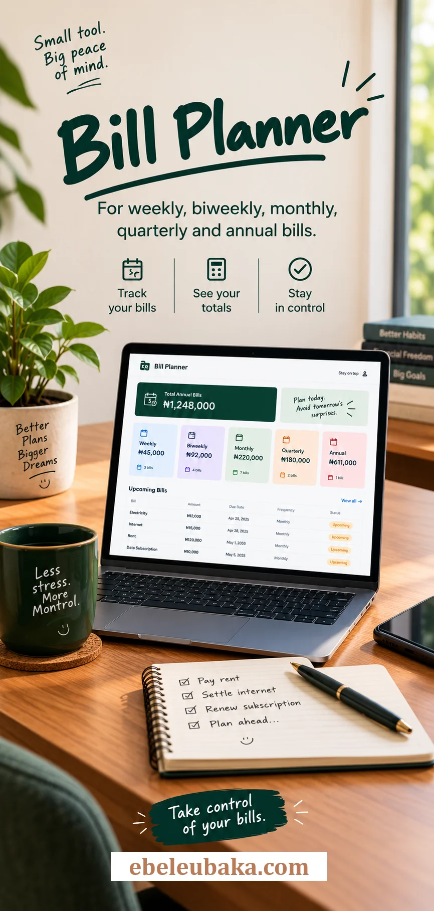Bill-Planner for weekly, biweekly, monthly, quarterly and annual bills 2