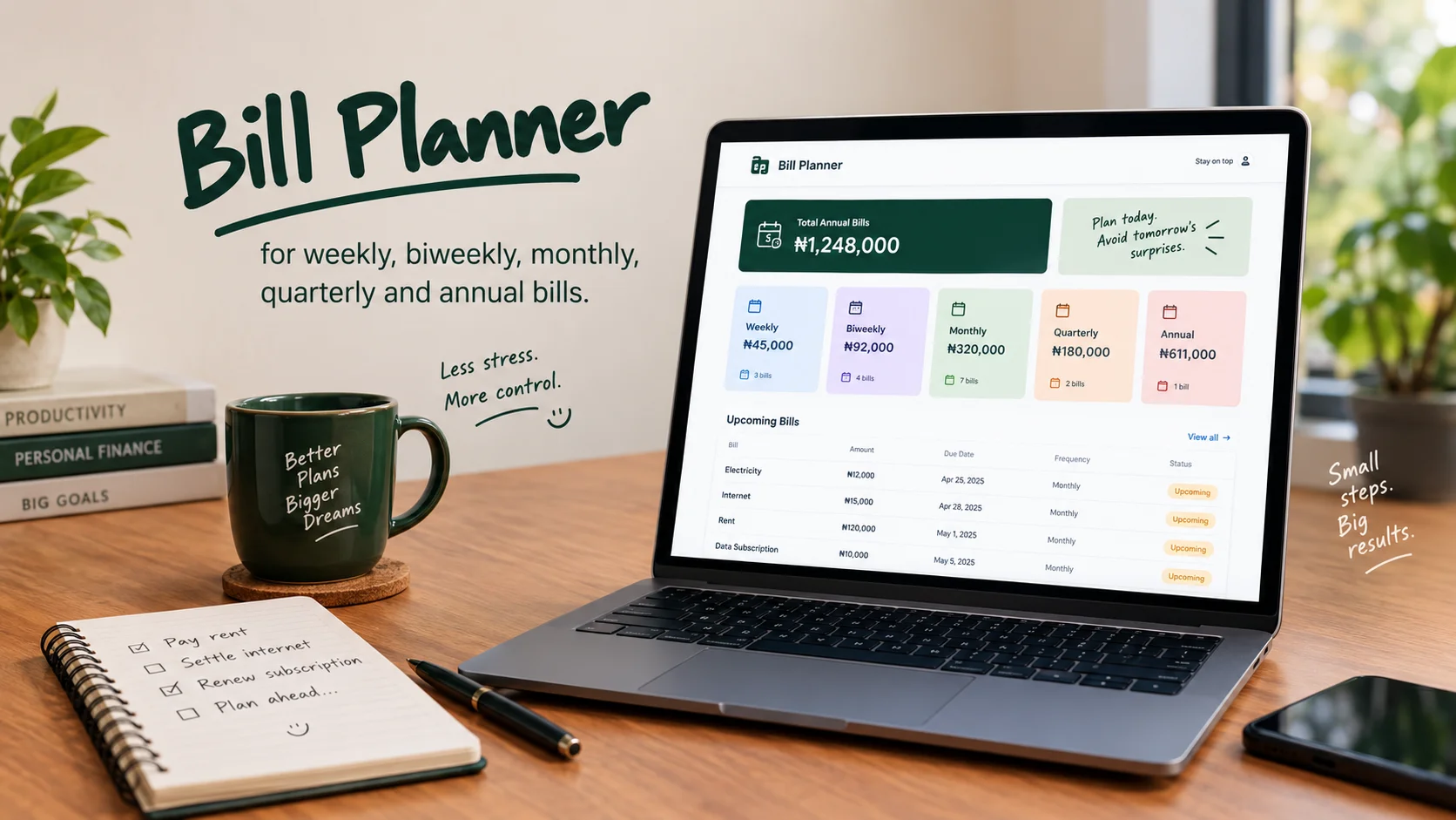 Bill-Planner for weekly, biweekly, monthly, quarterly and annual bills