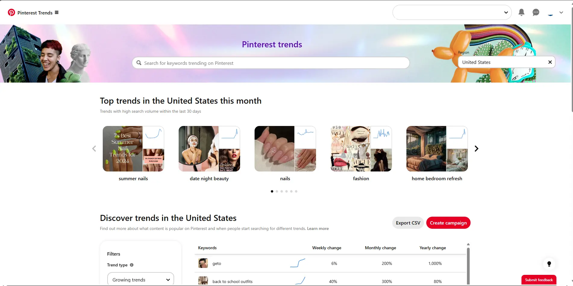 Pinteret trends interface